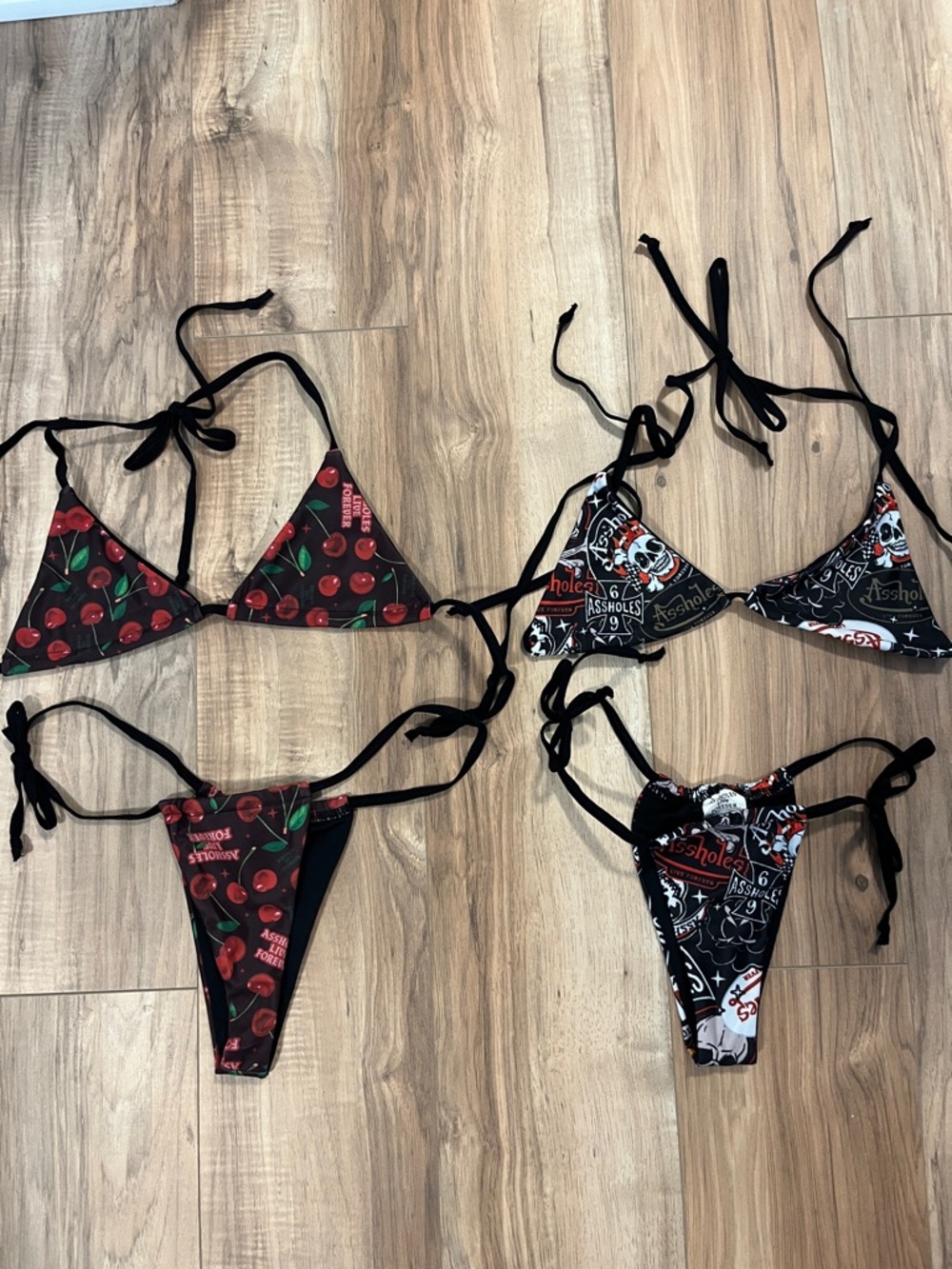 Cherry & Graphic Print String Bikini Set - Black